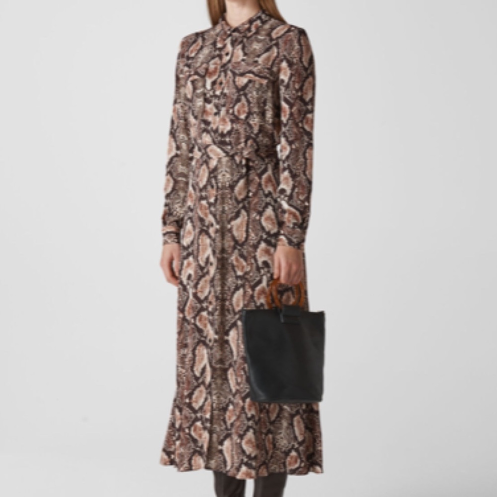 Whistles Elfrida Snake Print Brown Midi Dress, Size 4